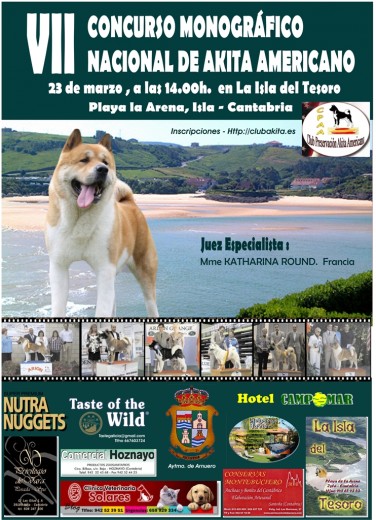 El cartel es una composición  con el  Akita que más monográficos ha ganado del club, SYMBA, en el paradisiaco entorno  de Isla , donde se celebrará el próximo monográfico con fotos de los 6 ganadores anteriores. Agradecemos nuestros patrocinadores 


